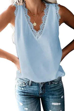 Mosucoirl Womens V Neck Lace Trim Cami Tank Top Casual Sleeveless Blouse Shirts