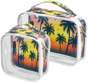 Multicolored Palms 2 Pieces Clear Makeup Cosmetic Bags for Traveling Vacation Organizing, Toiletry Bags for Women Men, PVC Waterproof Travel Organizer