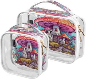 Mushroom House Garden 2 Pieces Clear Makeup Cosmetic Bags for Traveling Vacation Organizing, Toiletry Bags for Women Men, PVC Waterproof Travel Organizer