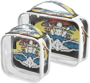 Mushrooms Vintage 2 Pieces Clear Makeup Cosmetic Bags for Traveling Vacation Organizing, Toiletry Bags for Women Men, PVC Waterproof Travel Organizer