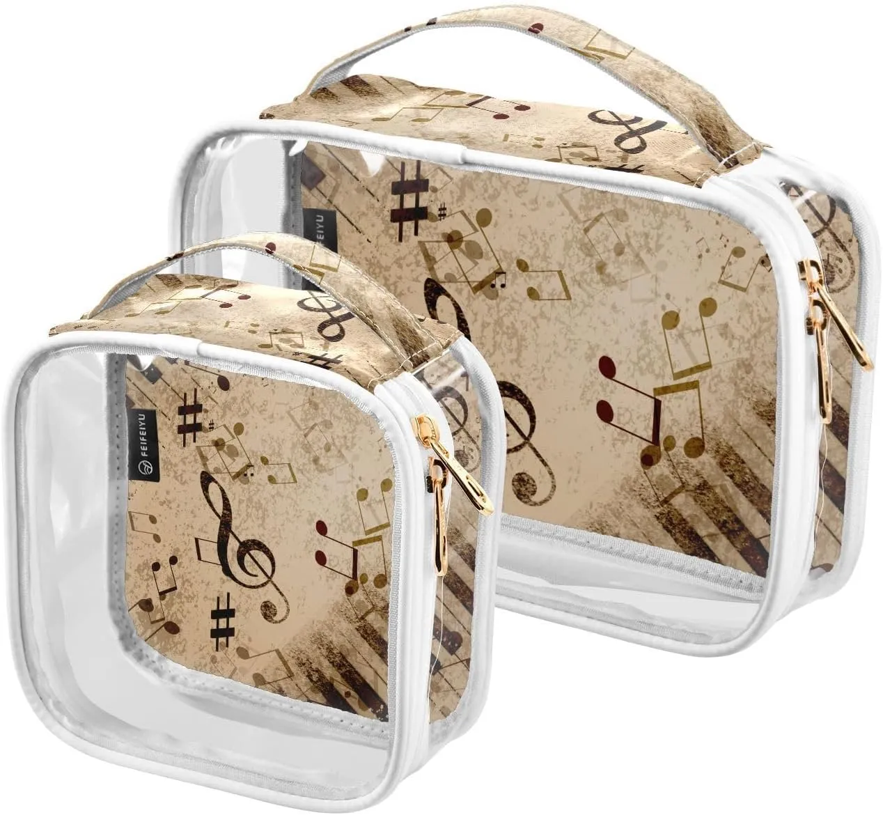 Note Sings Pattern 2 Pieces Clear Makeup Cosmetic Bags for Traveling Vacation Organizing, Toiletry Bags for Women Men, PVC Waterproof Travel Organizer
