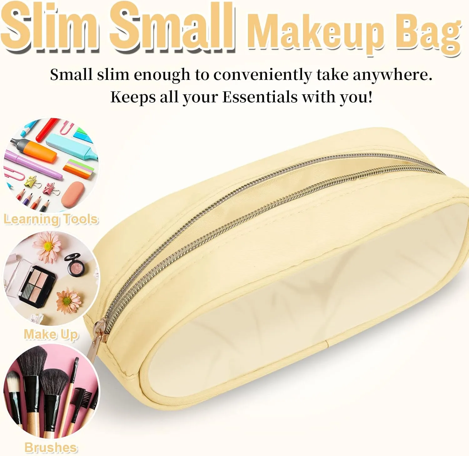 Nylon Slim Makeup Bag, Cute Preppy Cosmetic Zipper Pouch, Travel Toiletry Bag Clutch Coin Pouch for Women Girls (Beige)