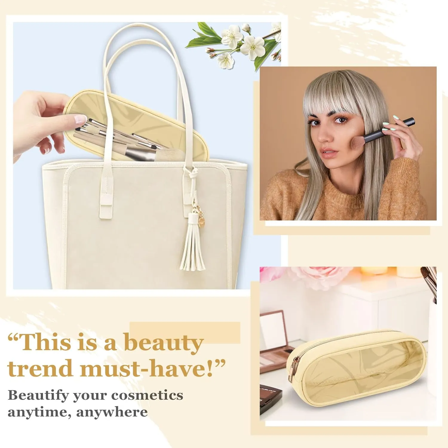 Nylon Slim Makeup Bag, Cute Preppy Cosmetic Zipper Pouch, Travel Toiletry Bag Clutch Coin Pouch for Women Girls (Beige)