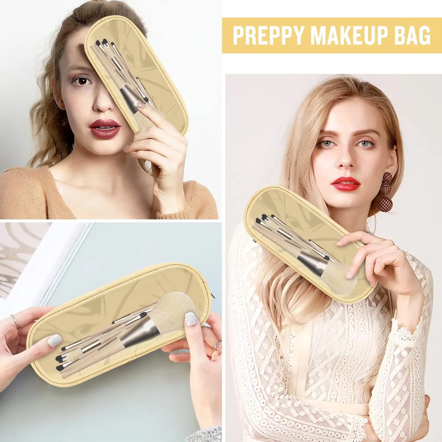 Nylon Slim Makeup Bag, Cute Preppy Cosmetic Zipper Pouch, Travel Toiletry Bag Clutch Coin Pouch for Women Girls (Beige)