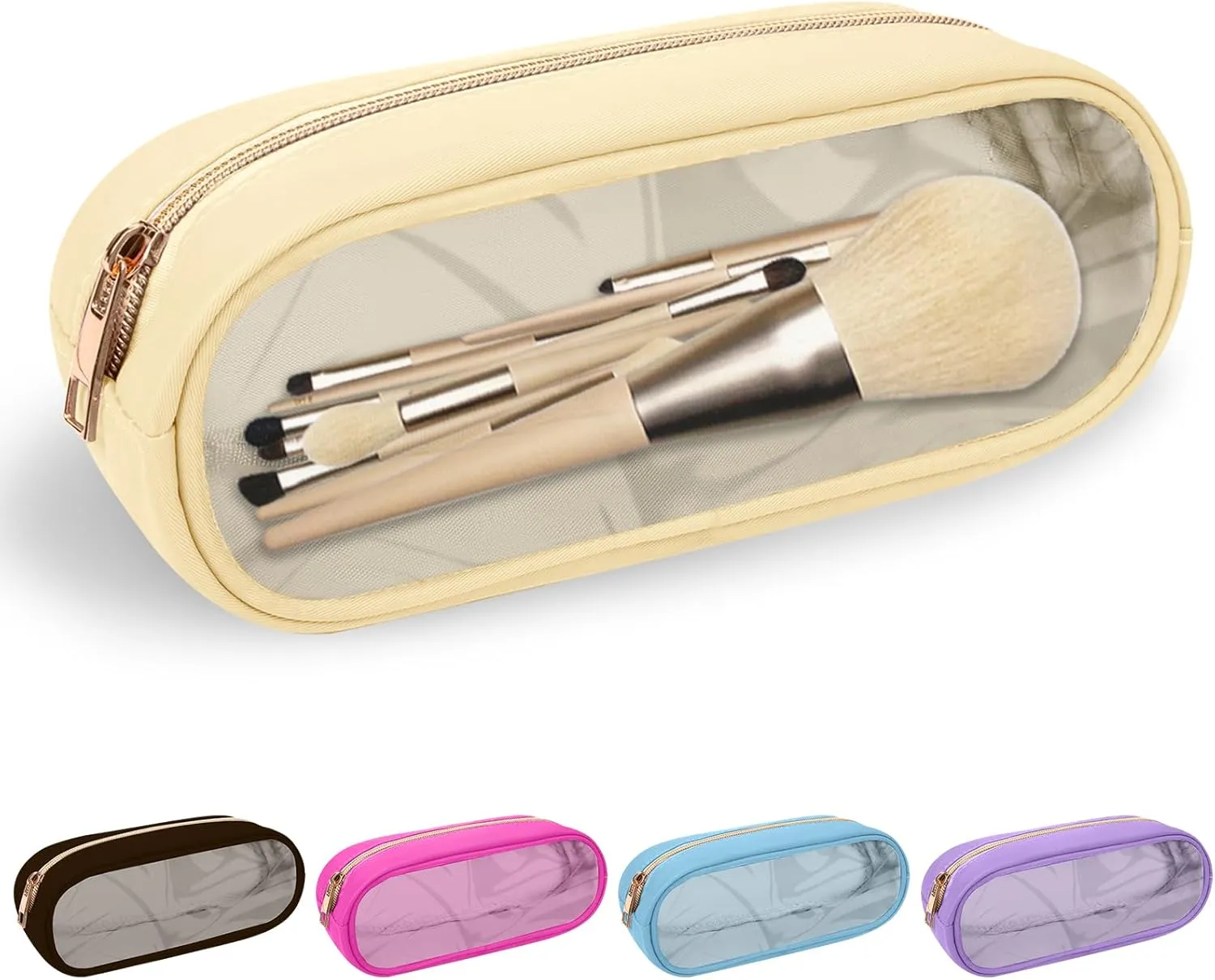 Nylon Slim Makeup Bag, Cute Preppy Cosmetic Zipper Pouch, Travel Toiletry Bag Clutch Coin Pouch for Women Girls (Beige)