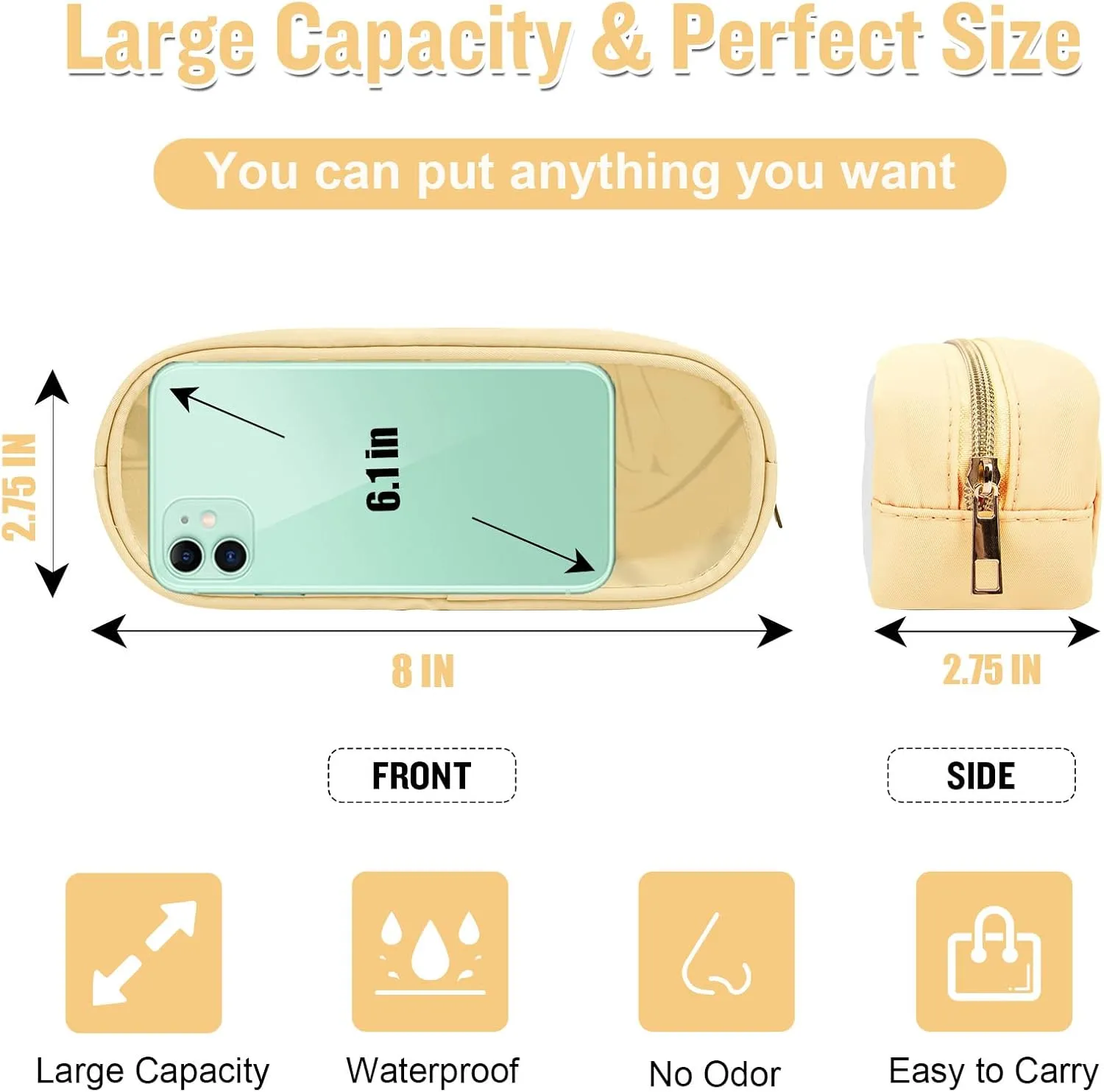 Nylon Slim Makeup Bag, Cute Preppy Cosmetic Zipper Pouch, Travel Toiletry Bag Clutch Coin Pouch for Women Girls (Beige)