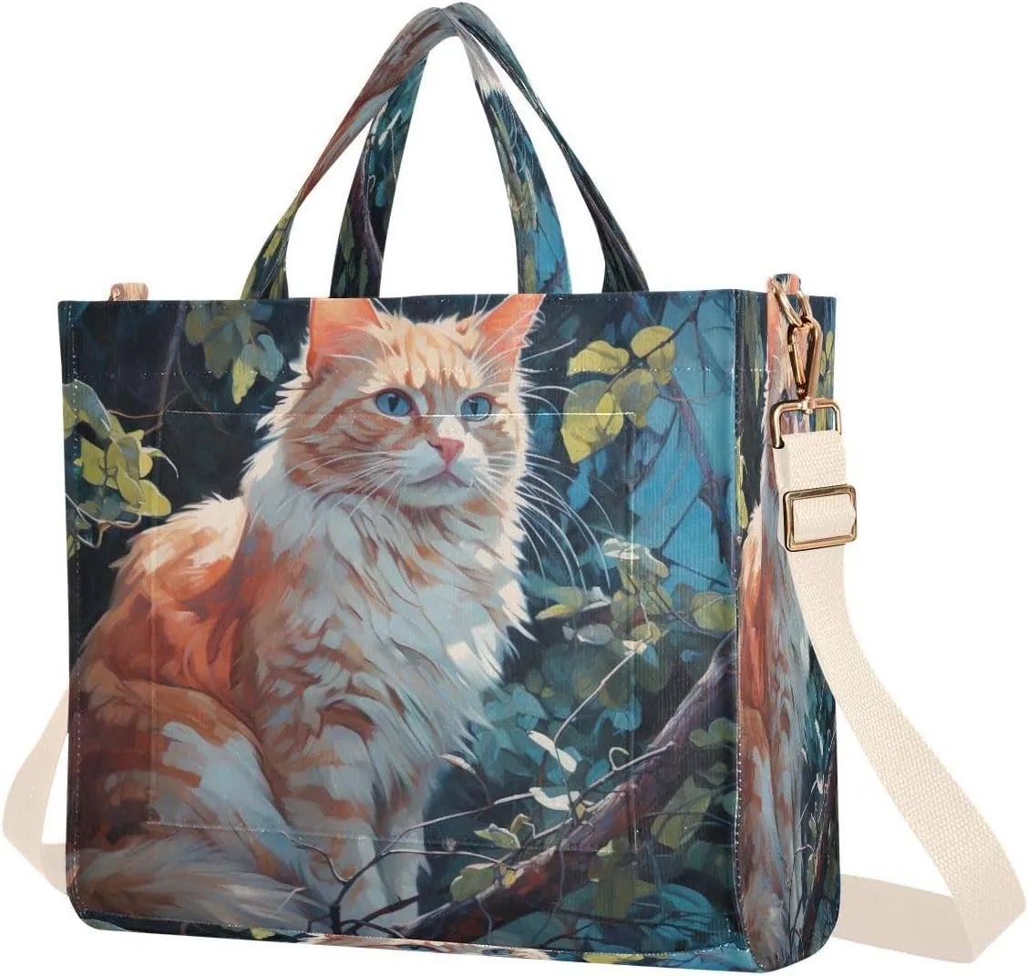 Orange Cat Painting Corduroy Tote Bag for Women Hobo Crossbody Bag Purse Stylish Shoulder Handbag Messenger Bags, S