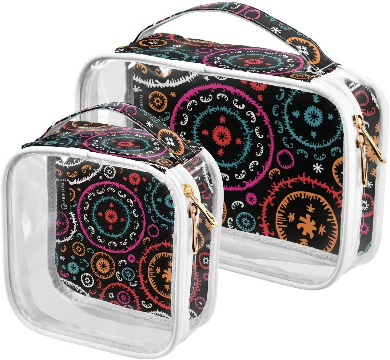 Oriental Pattern 2 Pieces Clear Makeup Cosmetic Bags for Traveling Vacation Organizing, Toiletry Bags for Women Men, PVC Waterproof Travel Organizer