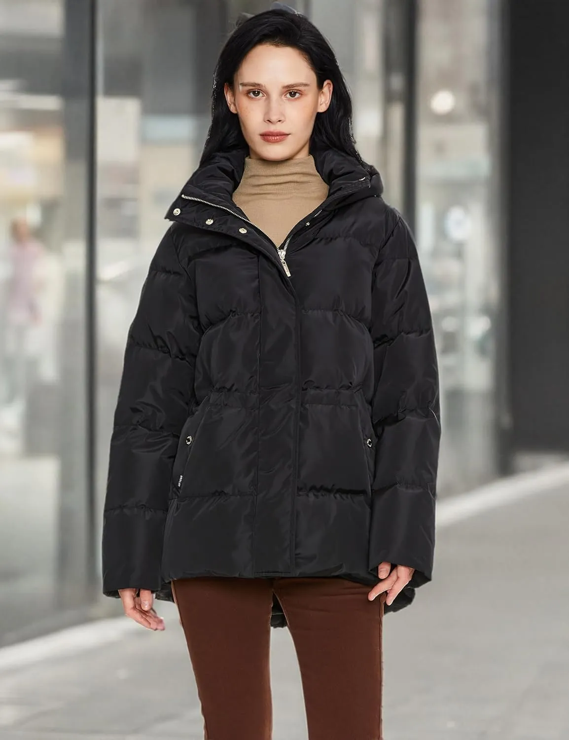 Orolay Women's Hooded Down Jacket Winter Mid-Length Zip-Up Puffer Coat with Windproof Threaded Cuffs