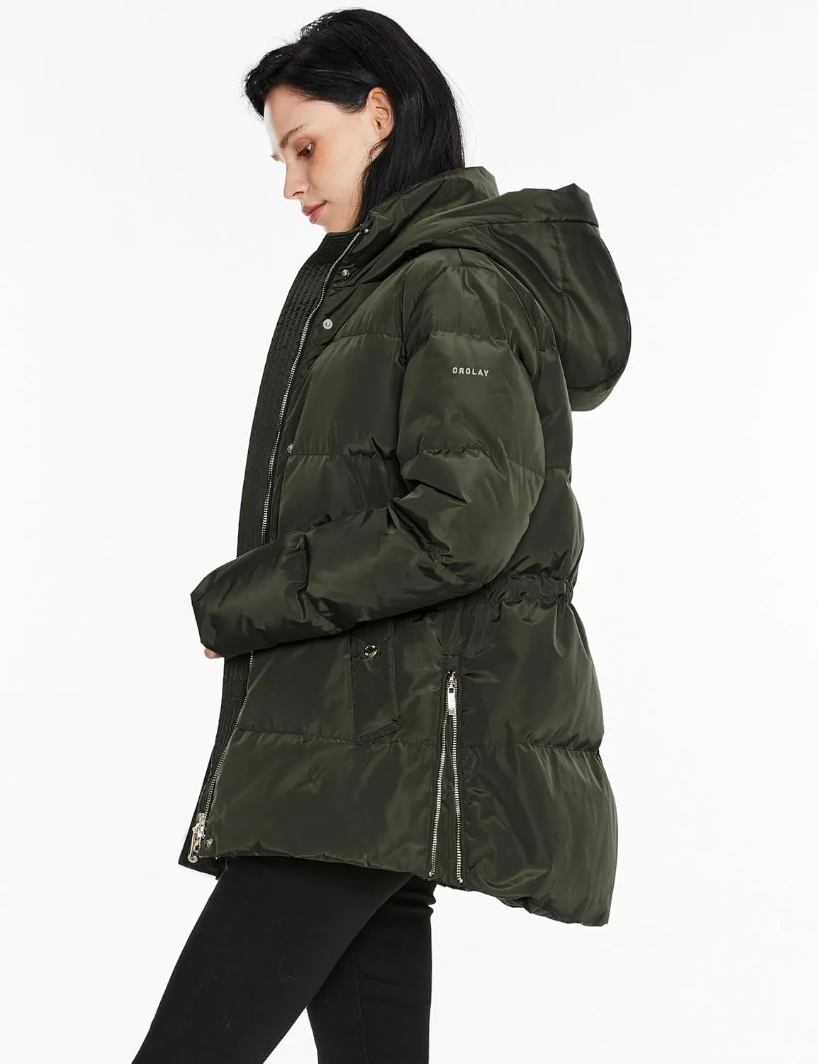 Orolay Women's Hooded Down Jacket Winter Mid-Length Zip-Up Puffer Coat with Windproof Threaded Cuffs