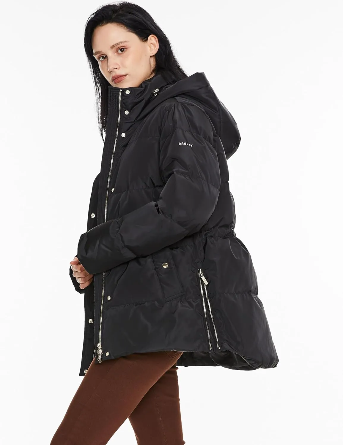 Orolay Women's Hooded Down Jacket Winter Mid-Length Zip-Up Puffer Coat with Windproof Threaded Cuffs