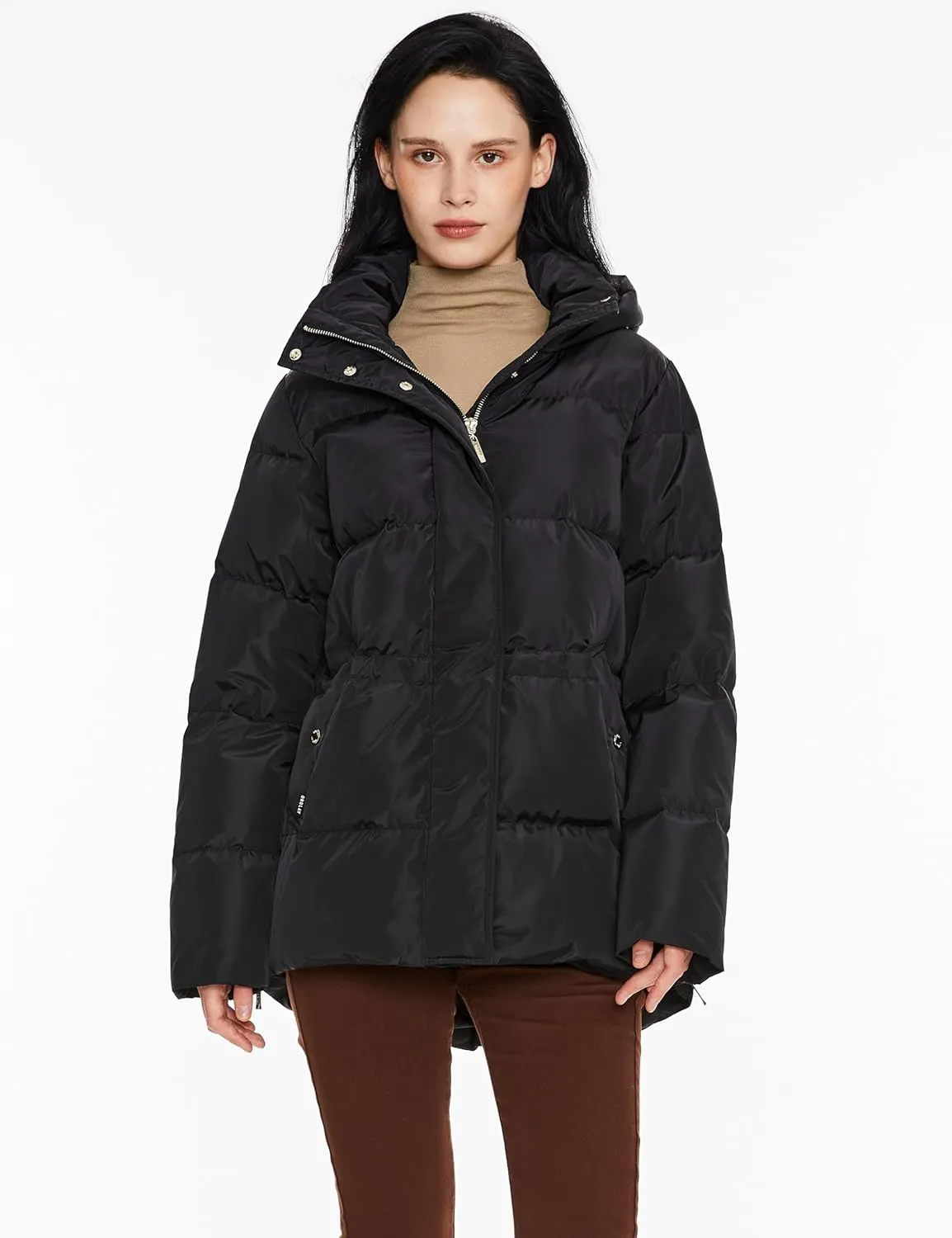 Orolay Women's Hooded Down Jacket Winter Mid-Length Zip-Up Puffer Coat with Windproof Threaded Cuffs