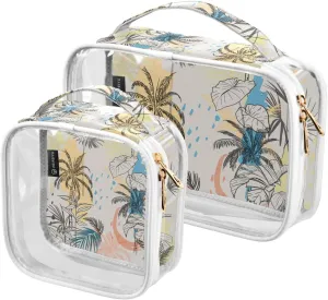 Palms Trees Leaves 2 Pieces Clear Makeup Cosmetic Bags for Traveling Vacation Organizing, Toiletry Bags for Women Men, PVC Waterproof Travel Organizer