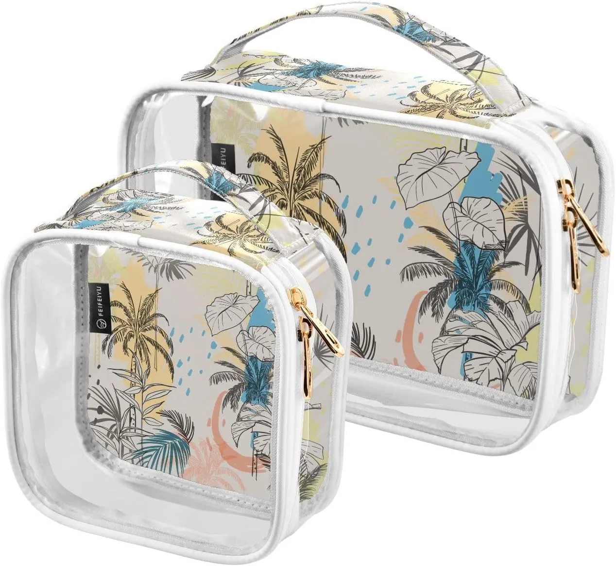 Palms Trees Leaves 2 Pieces Clear Makeup Cosmetic Bags for Traveling Vacation Organizing, Toiletry Bags for Women Men, PVC Waterproof Travel Organizer
