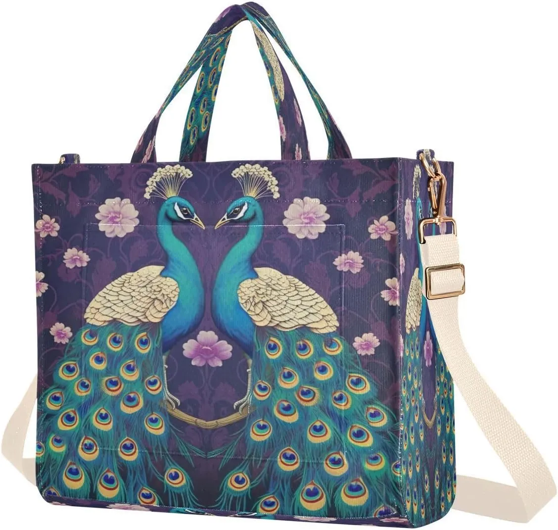 Peacocks Floral Corduroy Tote Bag for Women Hobo Crossbody Bag Purse Stylish Shoulder Handbag Messenger Bags, S