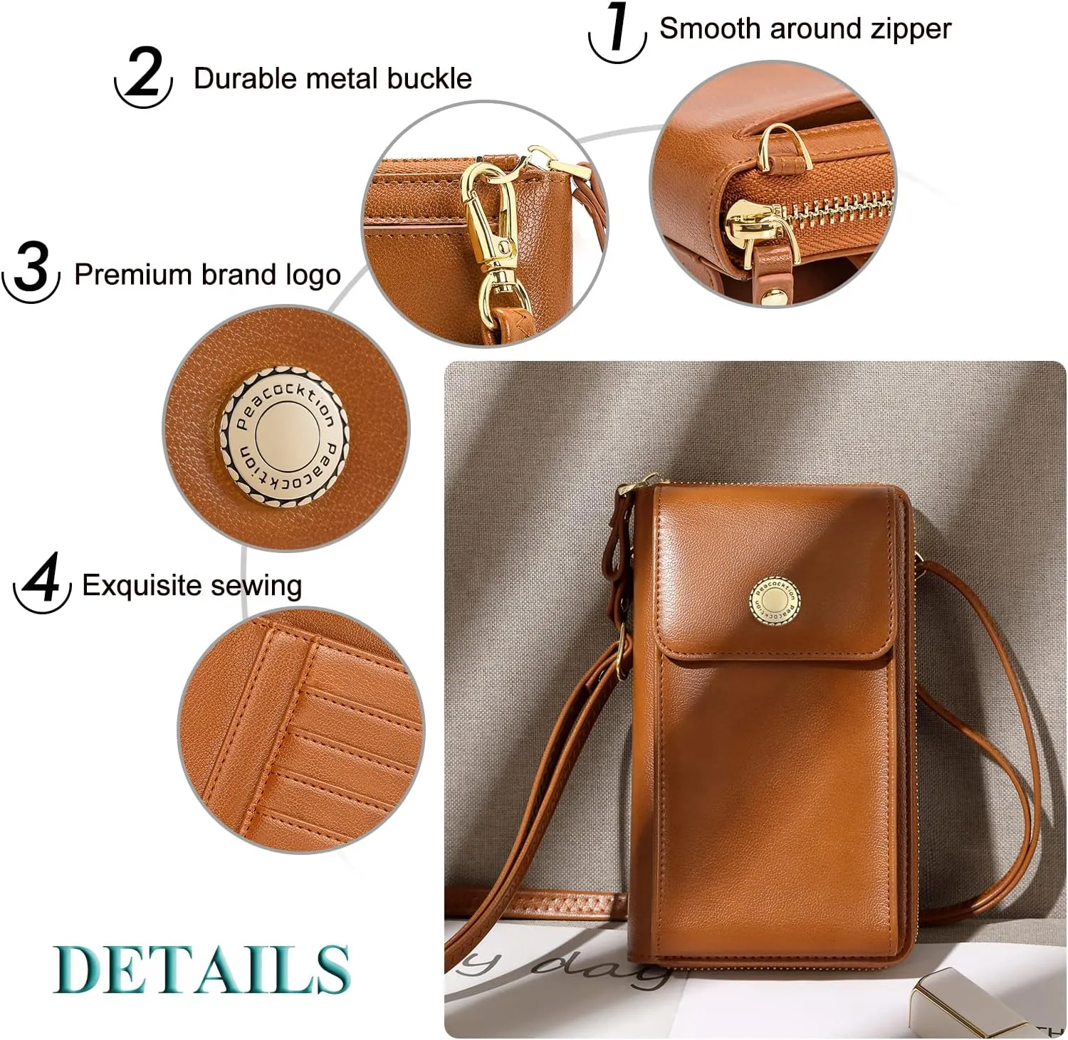 Peacocktion RFID Crossbody Wallet Purse for Women Small Travel Cell Phone Purses Trendy Vegan Leather Bags with Card Slots