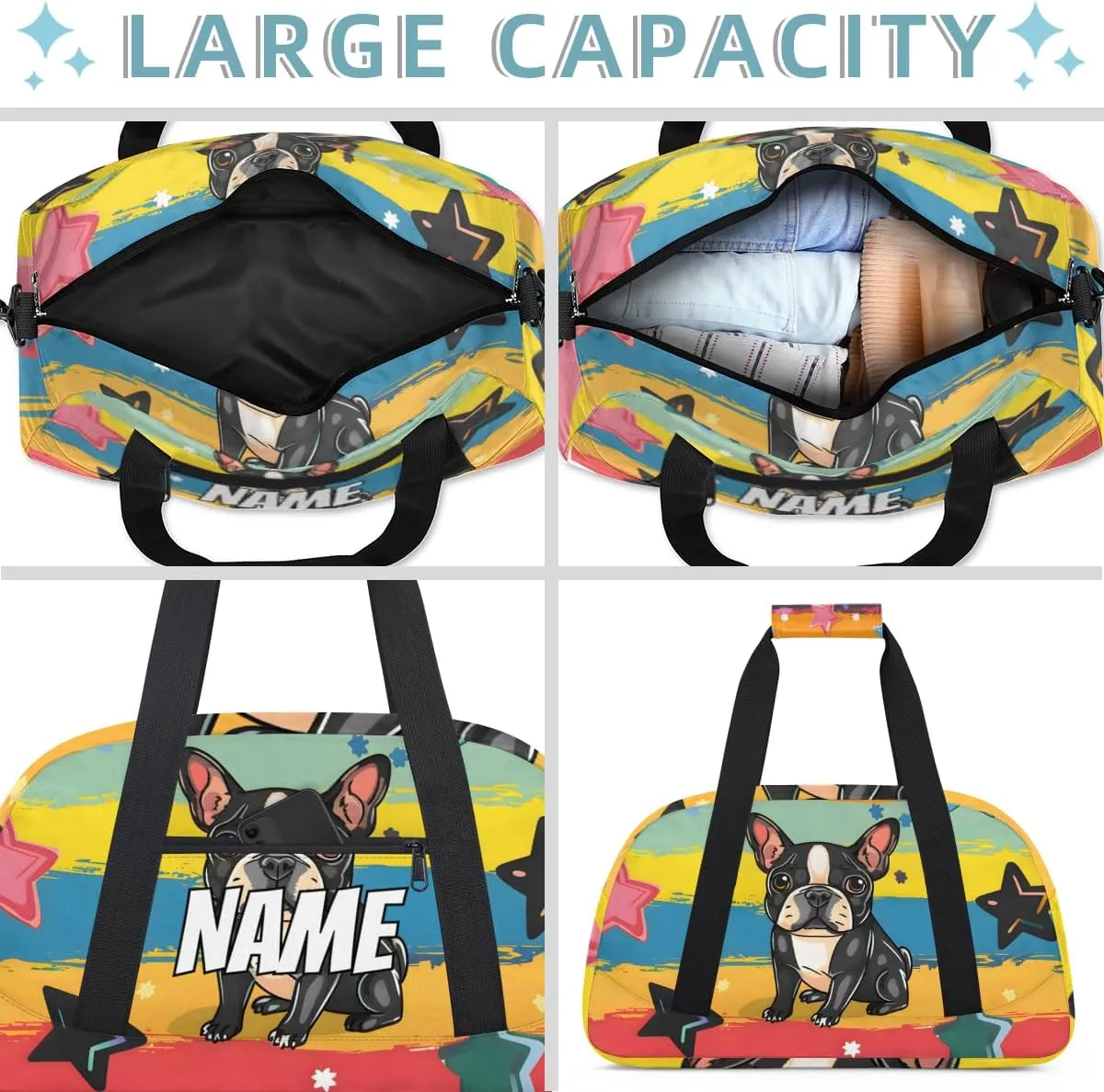 Personalized Custom Gym Bag for Women Men Carry on Cute Bulldog Travel Duffel Tote Puppy Cartoon Colorful Overnight Workout Weekender Bag