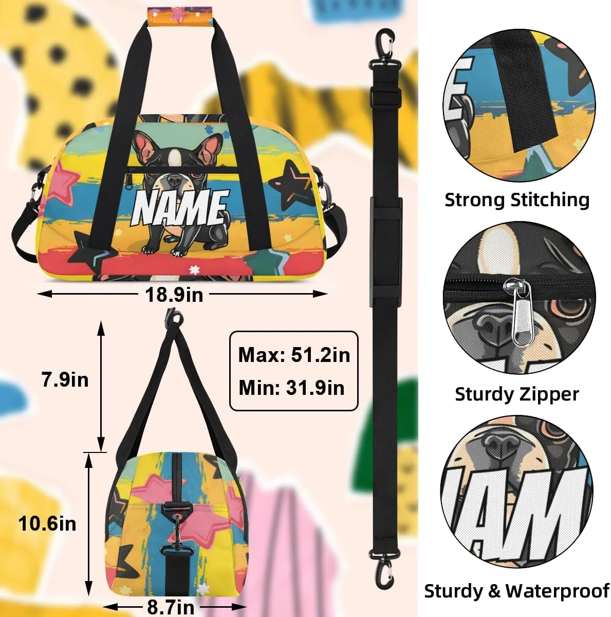 Personalized Custom Gym Bag for Women Men Carry on Cute Bulldog Travel Duffel Tote Puppy Cartoon Colorful Overnight Workout Weekender Bag