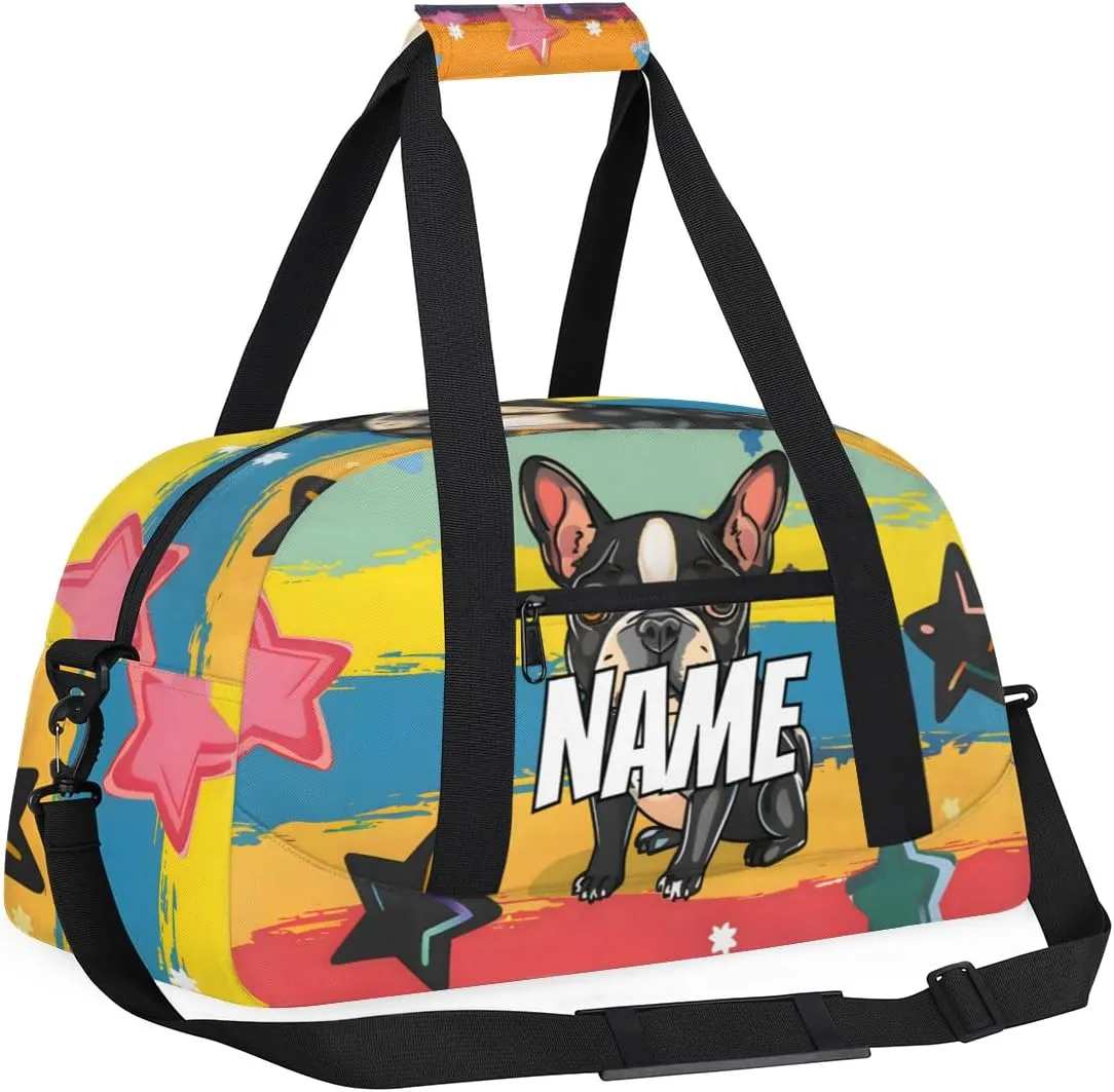 Personalized Custom Gym Bag for Women Men Carry on Cute Bulldog Travel Duffel Tote Puppy Cartoon Colorful Overnight Workout Weekender Bag
