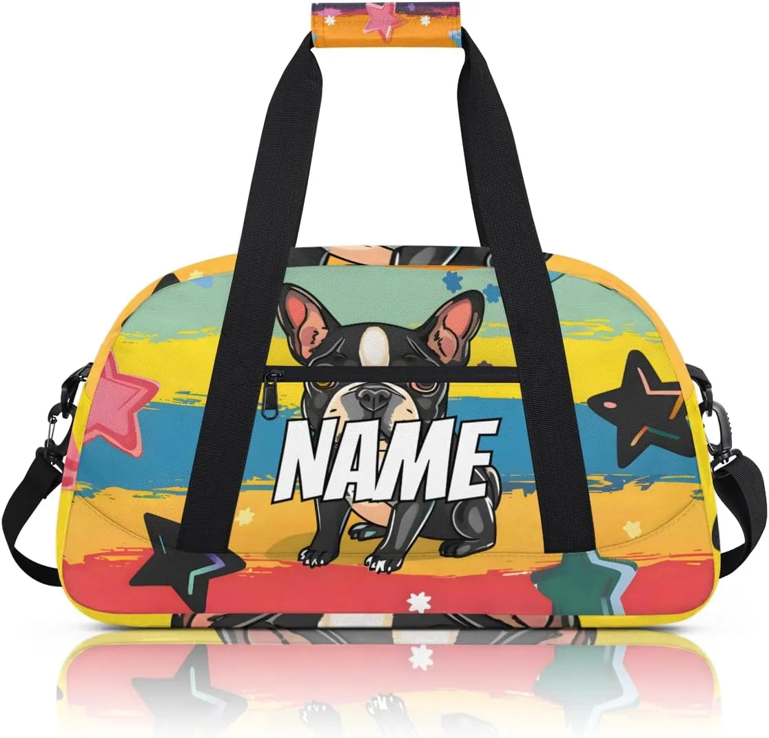 Personalized Custom Gym Bag for Women Men Carry on Cute Bulldog Travel Duffel Tote Puppy Cartoon Colorful Overnight Workout Weekender Bag