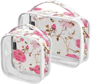 Pink-floral-pattern 2 Pieces Clear Makeup Cosmetic Bags for Traveling Vacation Organizing, Toiletry Bags for Women Men, PVC Waterproof Travel Organizer