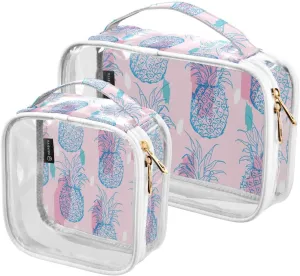 Pink Pineapples 2 Pieces Clear Makeup Cosmetic Bags for Traveling Vacation Organizing, Toiletry Bags for Women Men, PVC Waterproof Travel Organizer
