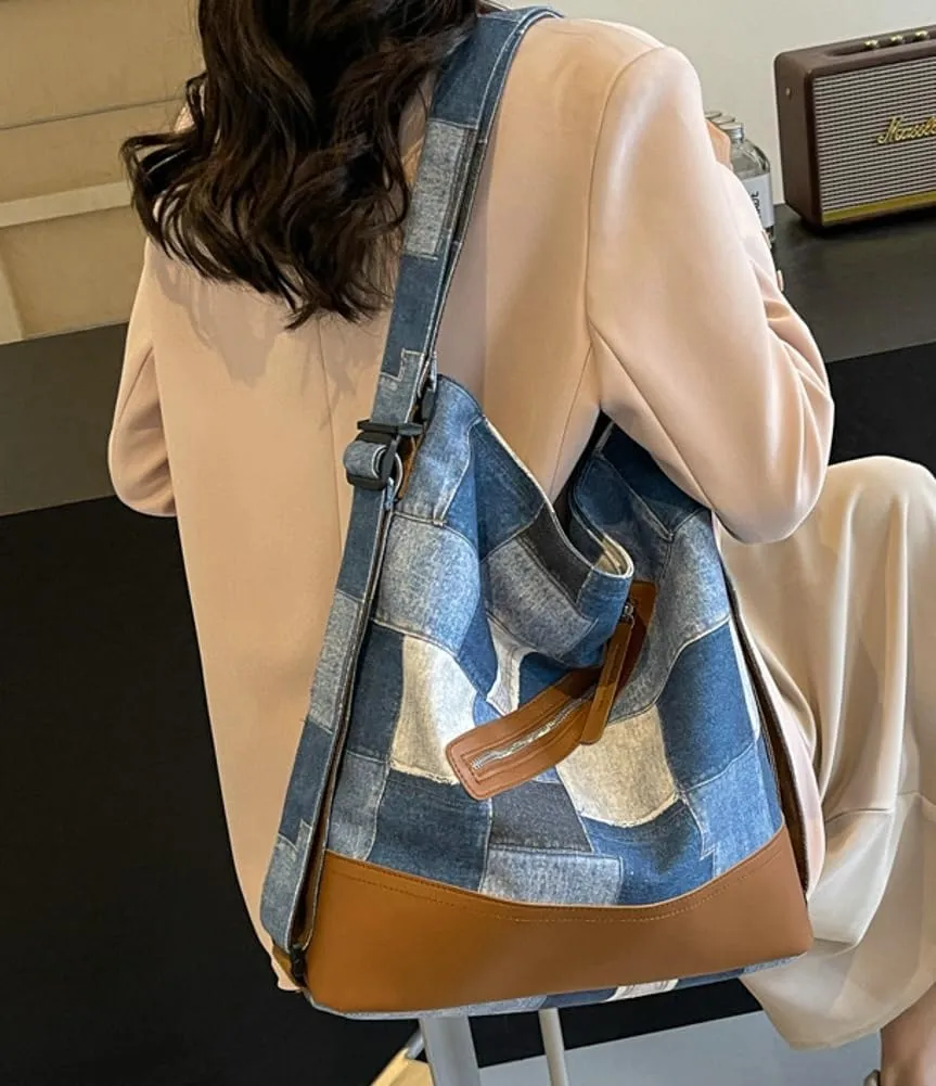 Plaid Shoulder Bag for Women Trendy Canvas Hobo Bucket Bag Large Casual Satchel Handbag Purse