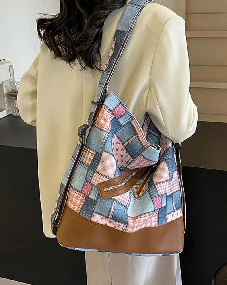 Plaid Shoulder Bag for Women Trendy Canvas Hobo Bucket Bag Large Casual Satchel Handbag Purse