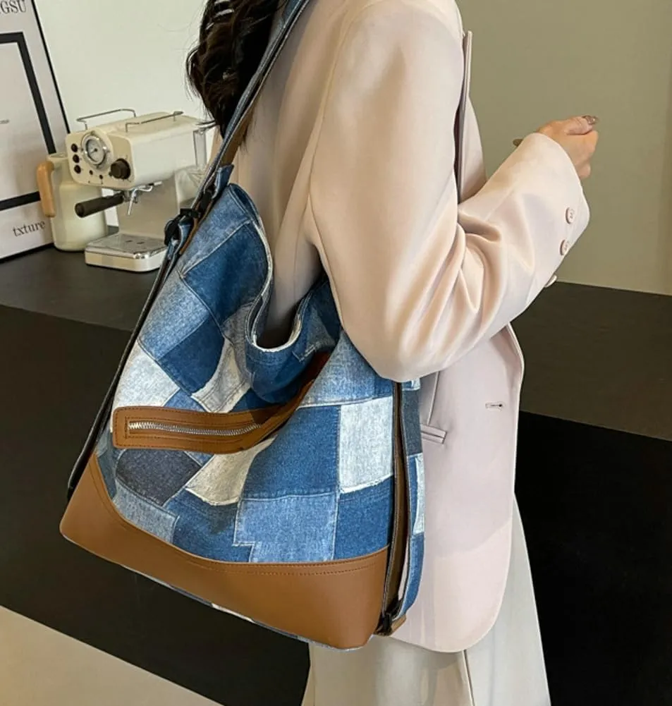 Plaid Shoulder Bag for Women Trendy Canvas Hobo Bucket Bag Large Casual Satchel Handbag Purse