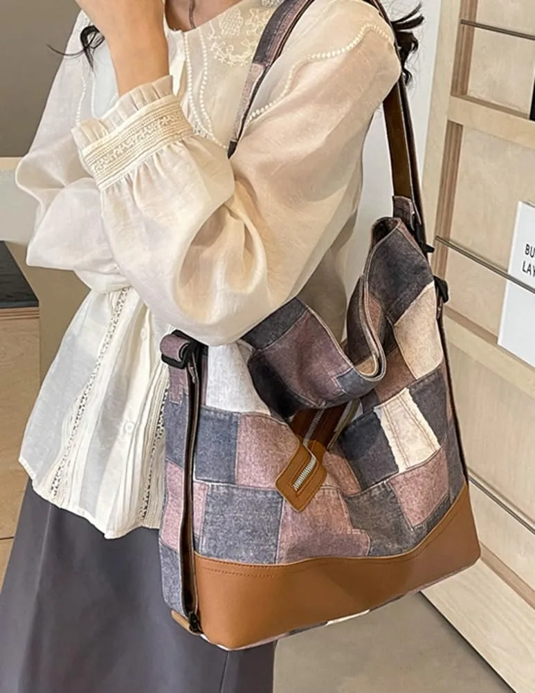 Plaid Shoulder Bag for Women Trendy Canvas Hobo Bucket Bag Large Casual Satchel Handbag Purse