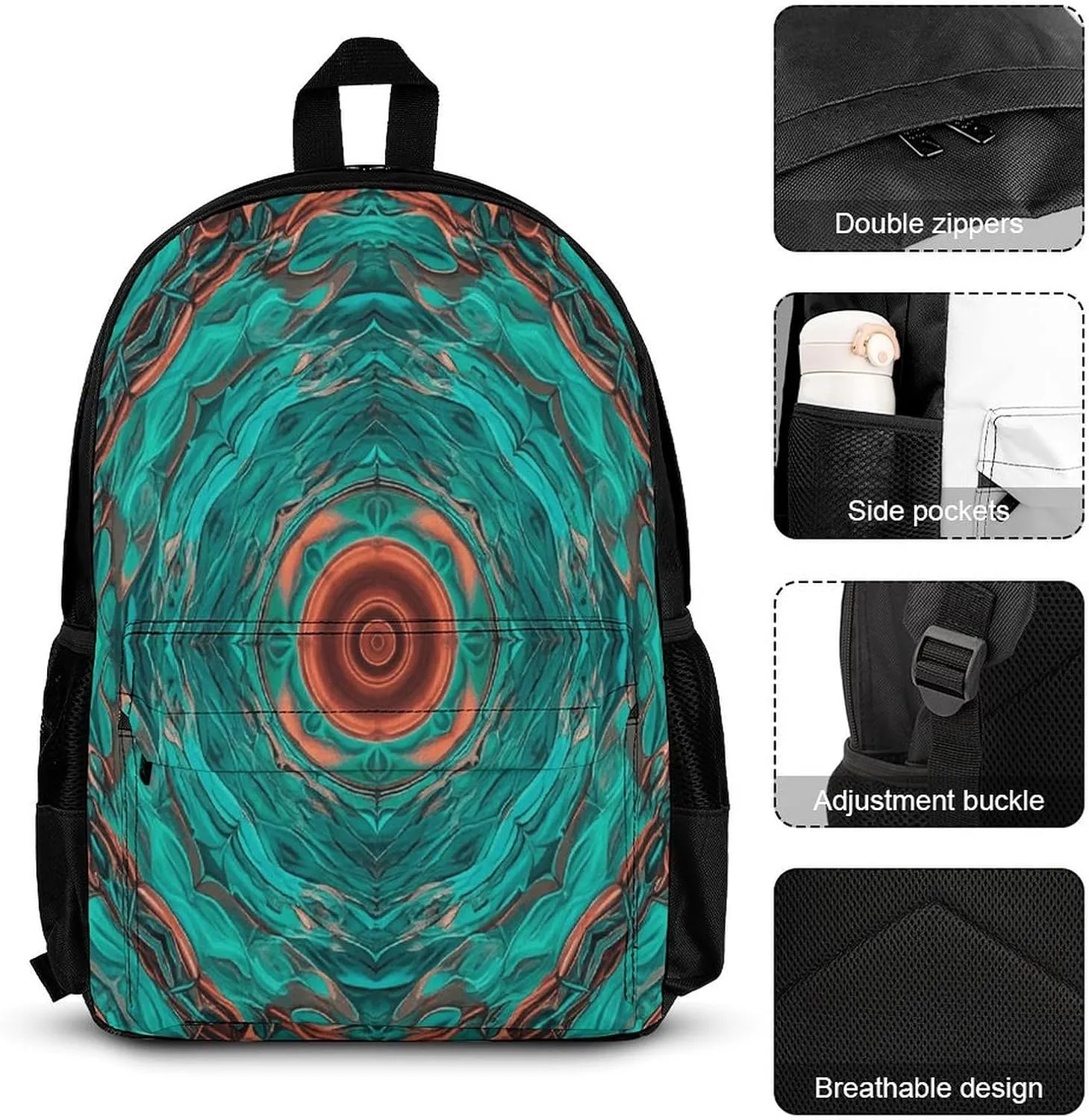 Portable Backpack Set with Lunch Bag & Pencil Case, Blue-green And Copper Abstract Image Print 3-in-1 Durable Work Bag,Adjustable Straps,Lightweight & Spacious