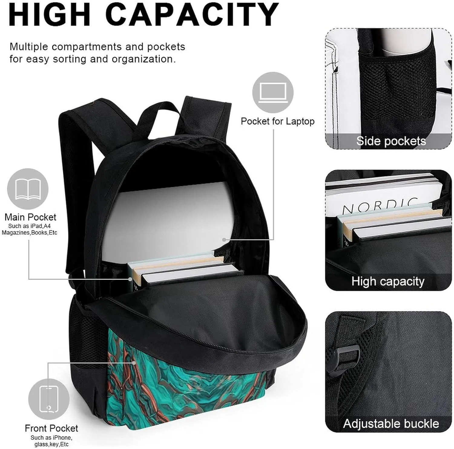 Portable Backpack Set with Lunch Bag & Pencil Case, Blue-green And Copper Abstract Image Print 3-in-1 Durable Work Bag,Adjustable Straps,Lightweight & Spacious