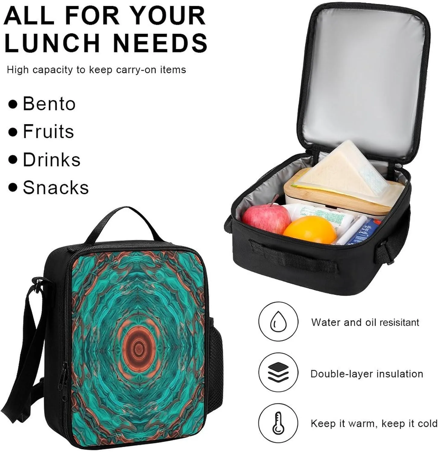 Portable Backpack Set with Lunch Bag & Pencil Case, Blue-green And Copper Abstract Image Print 3-in-1 Durable Work Bag,Adjustable Straps,Lightweight & Spacious