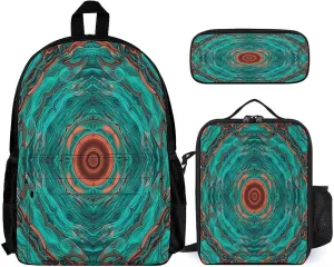 Portable Backpack Set with Lunch Bag & Pencil Case, Blue-green And Copper Abstract Image Print 3-in-1 Durable Work Bag,Adjustable Straps,Lightweight & Spacious