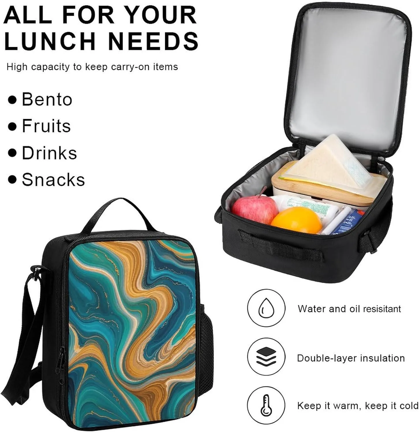 Portable Backpack Set with Lunch Bag & Pencil Case, Blue-Green-Gold Marble Print 3-in-1 Durable Work Bag,Adjustable Straps,Lightweight & Spacious