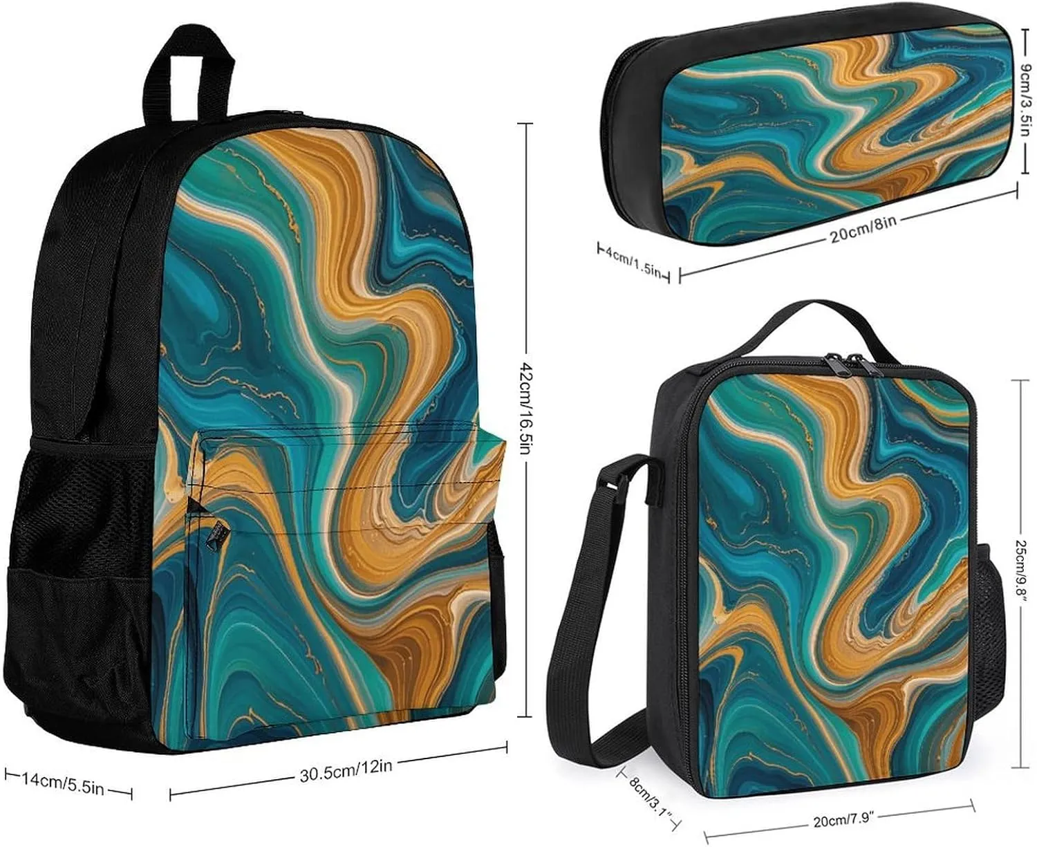 Portable Backpack Set with Lunch Bag & Pencil Case, Blue-Green-Gold Marble Print 3-in-1 Durable Work Bag,Adjustable Straps,Lightweight & Spacious