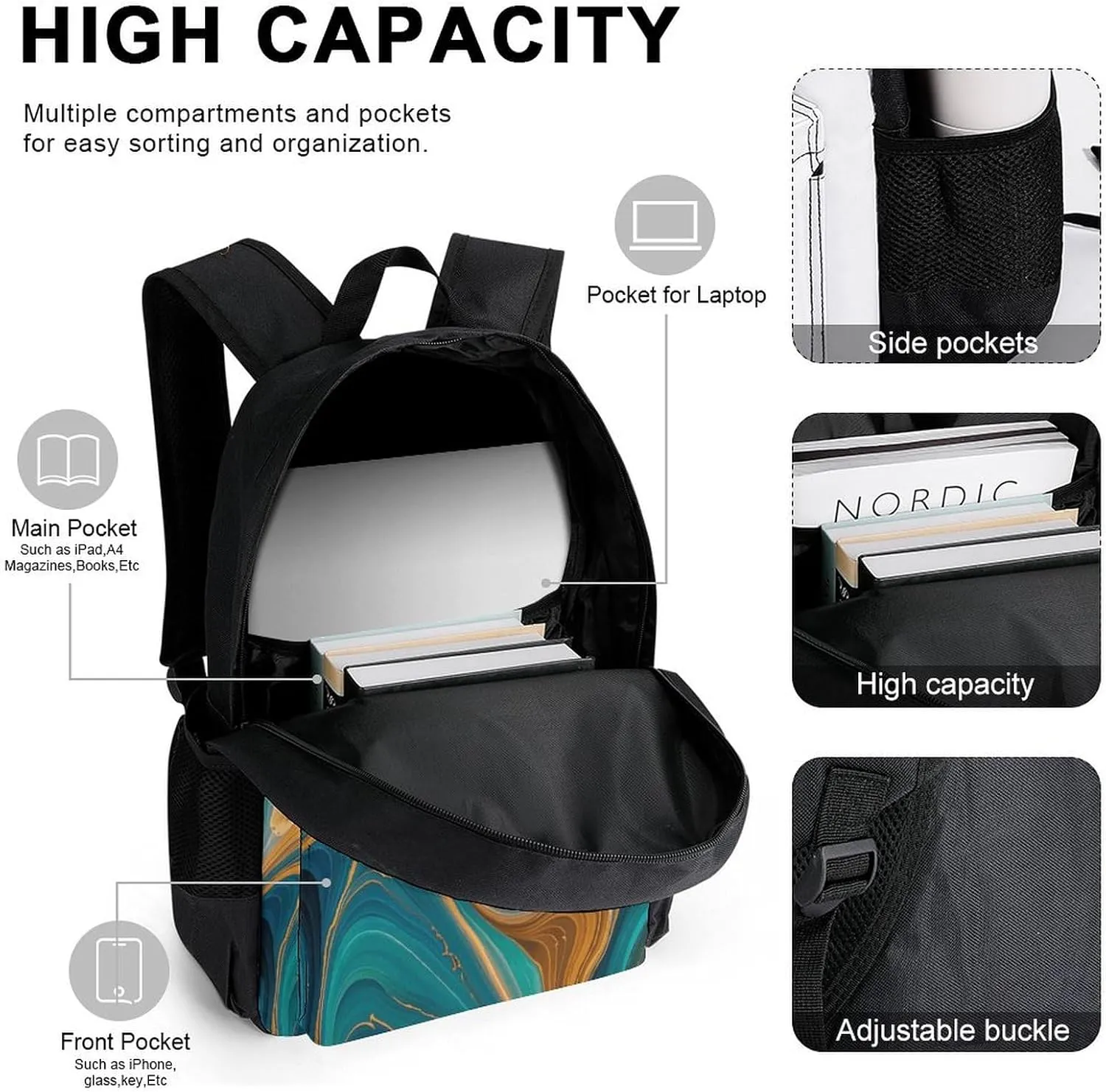 Portable Backpack Set with Lunch Bag & Pencil Case, Blue-Green-Gold Marble Print 3-in-1 Durable Work Bag,Adjustable Straps,Lightweight & Spacious