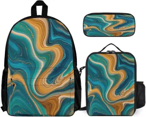 Portable Backpack Set with Lunch Bag & Pencil Case, Blue-Green-Gold Marble Print 3-in-1 Durable Work Bag,Adjustable Straps,Lightweight & Spacious