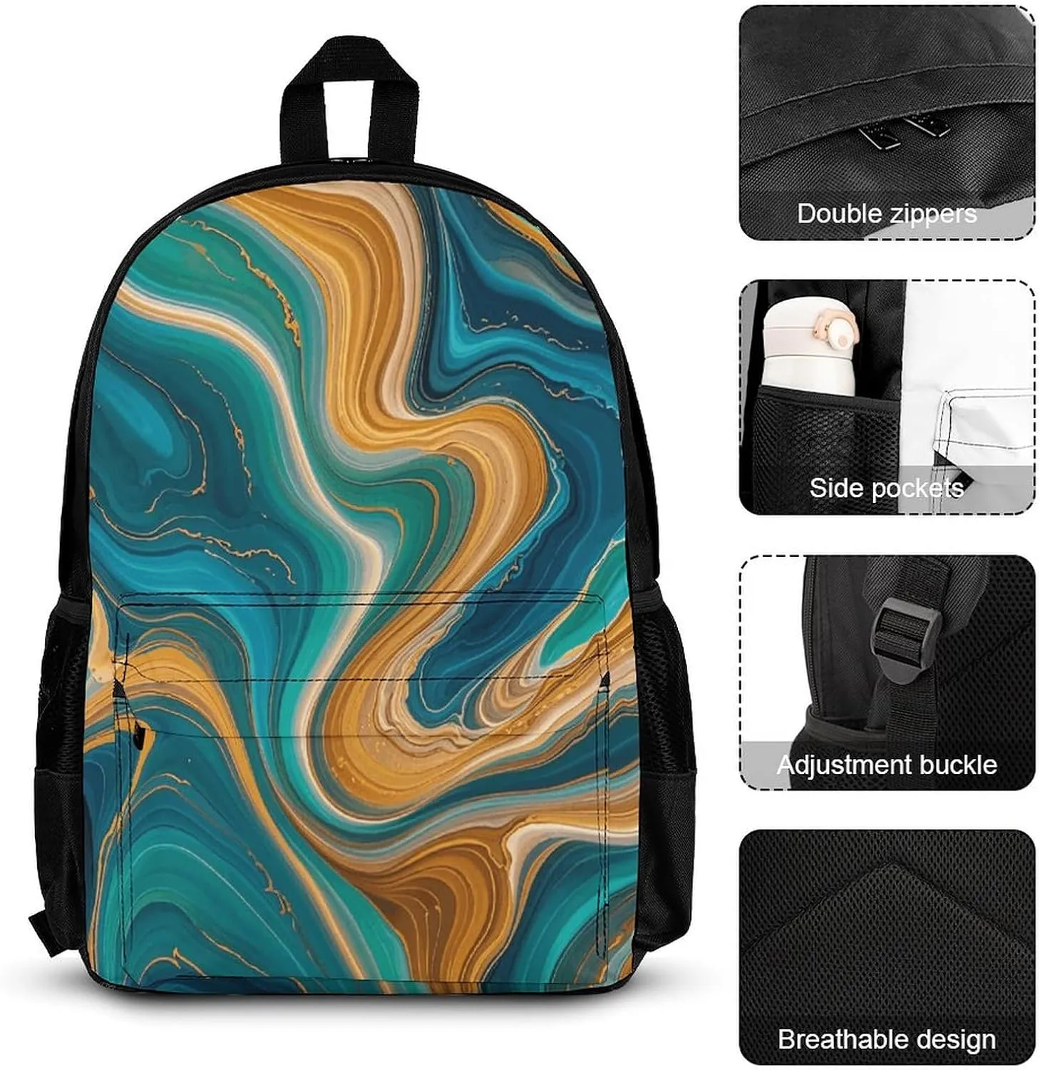 Portable Backpack Set with Lunch Bag & Pencil Case, Blue-Green-Gold Marble Print 3-in-1 Durable Work Bag,Adjustable Straps,Lightweight & Spacious