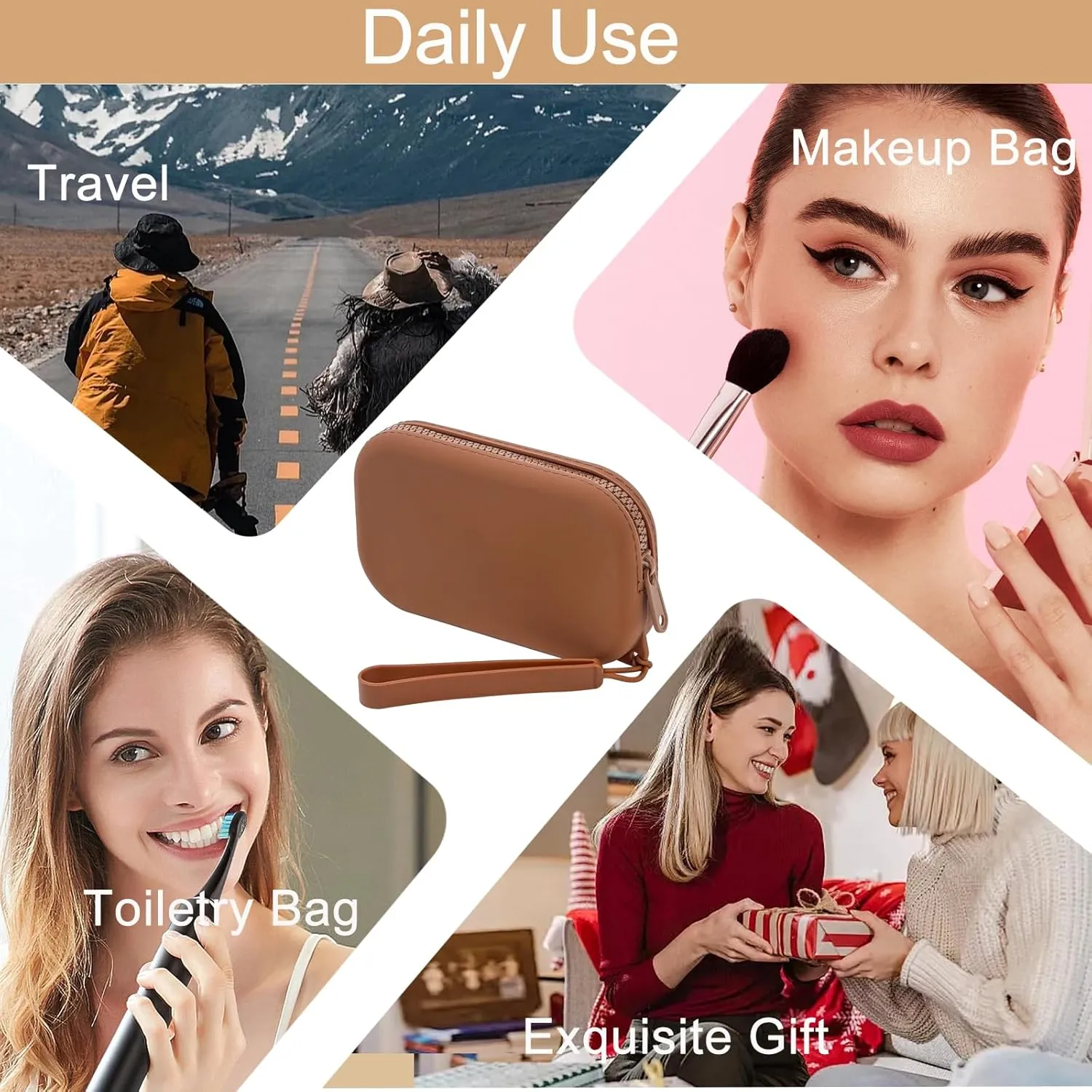 Portable Silicone Makeup Bag for Women, Small Travel Waterproof Toiletry Cosmetic Bag, Zipper Closure Organizer Makeup Case with Handle (Brown)