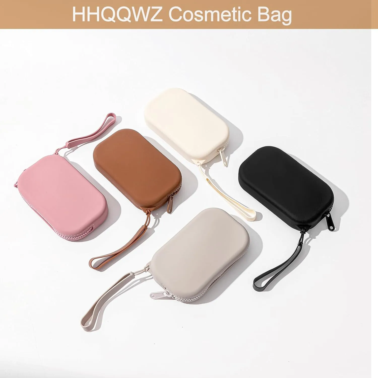 Portable Silicone Makeup Bag for Women, Small Travel Waterproof Toiletry Cosmetic Bag, Zipper Closure Organizer Makeup Case with Handle (Brown)