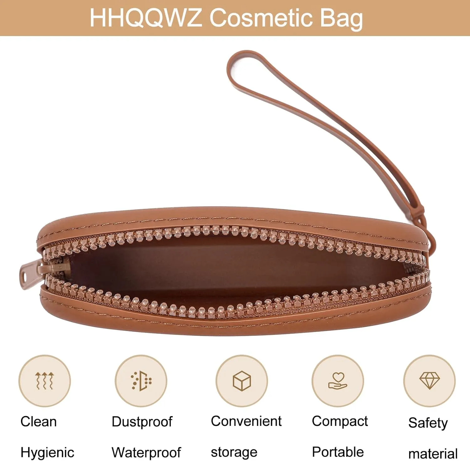 Portable Silicone Makeup Bag for Women, Small Travel Waterproof Toiletry Cosmetic Bag, Zipper Closure Organizer Makeup Case with Handle (Brown)