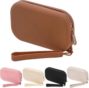 Portable Silicone Makeup Bag for Women, Small Travel Waterproof Toiletry Cosmetic Bag, Zipper Closure Organizer Makeup Case with Handle (Brown)