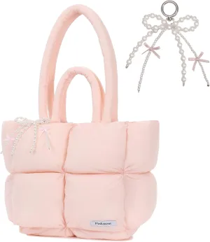 Puffy Quilted Tote bag for women with Cute Bow Charm - Lightweight Puffer Shoulder bag, Spacious for Travel, Gym, College, Weekender, Carry on Duffel | Gift-Ready
