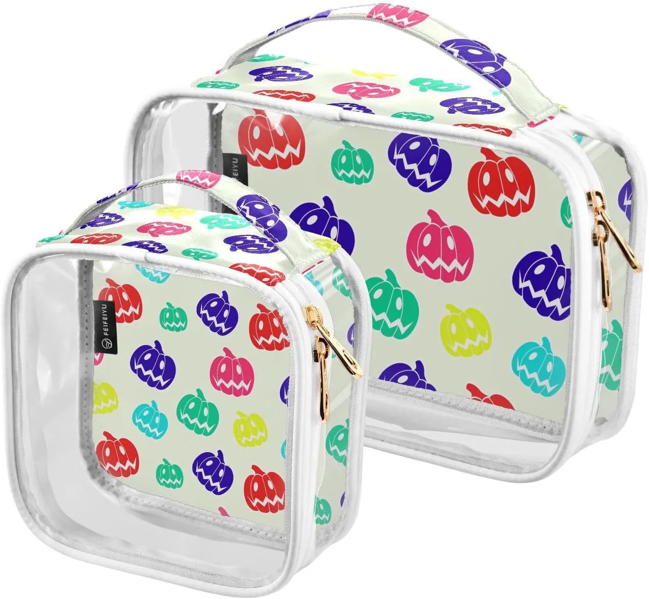 Pumpkin-pattern 2 Pieces Clear Makeup Cosmetic Bags for Traveling Vacation Organizing, Toiletry Bags for Women Men, PVC Waterproof Travel Organizer