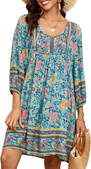 Qearal Womens Casual V Neck 3/4 Sleeve Boho Floral Printed Loose Short Mini Summer Beach Dress