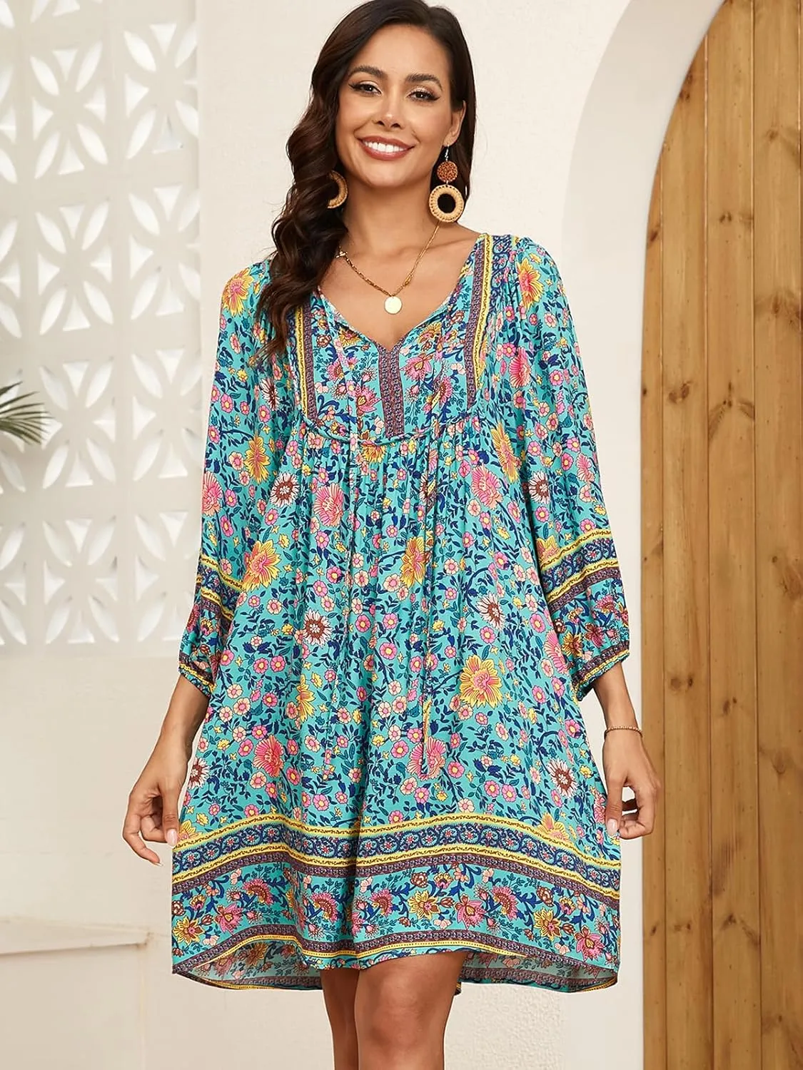 Qearal Womens Casual V Neck 3/4 Sleeve Boho Floral Printed Loose Short Mini Summer Beach Dress