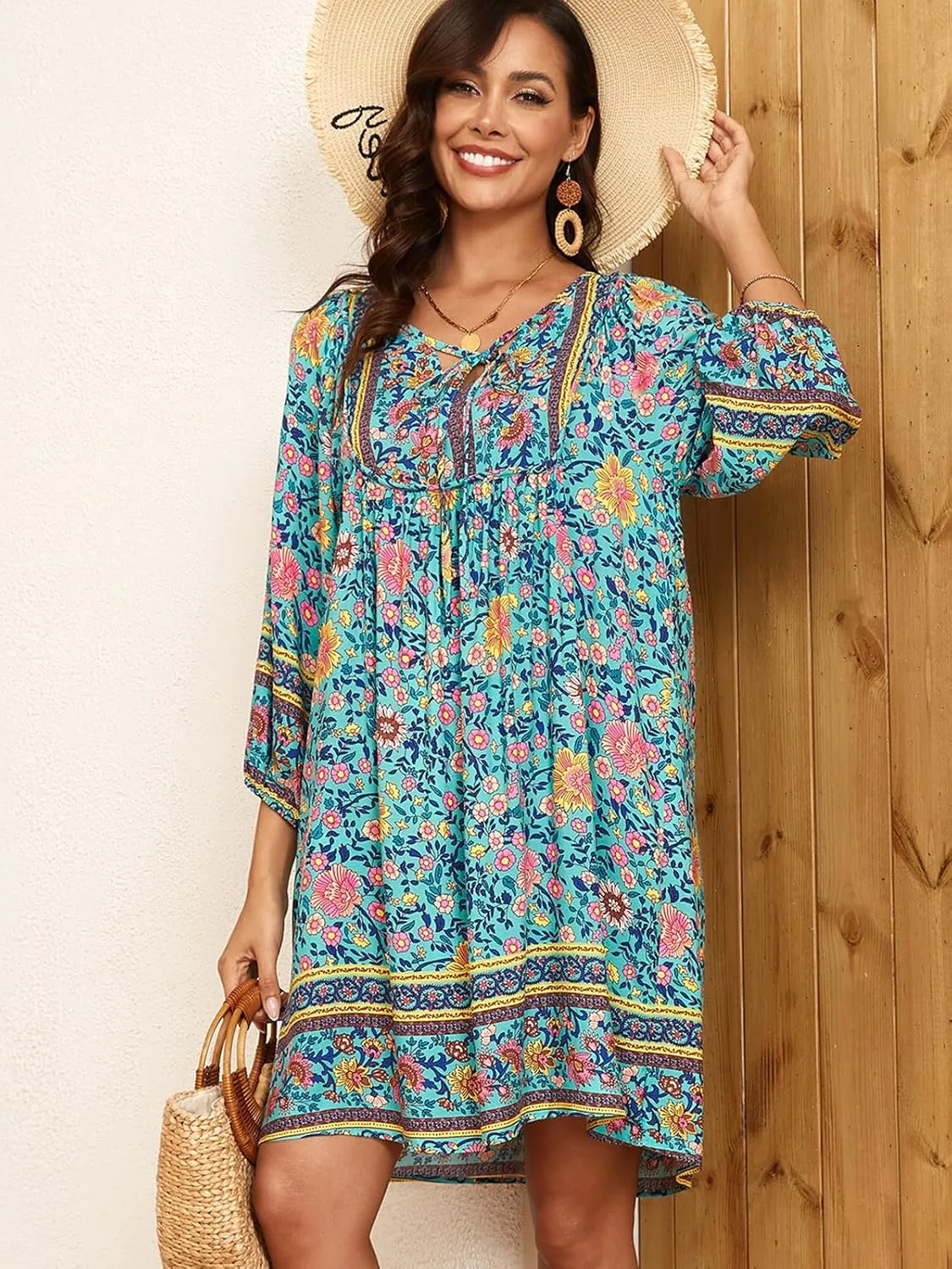 Qearal Womens Casual V Neck 3/4 Sleeve Boho Floral Printed Loose Short Mini Summer Beach Dress