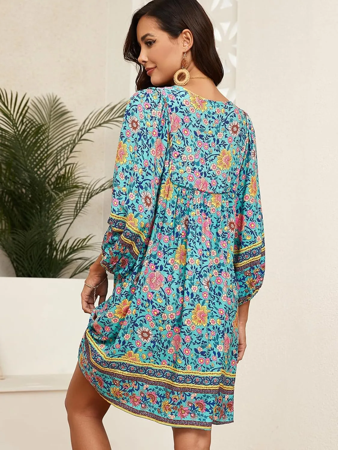 Qearal Womens Casual V Neck 3/4 Sleeve Boho Floral Printed Loose Short Mini Summer Beach Dress
