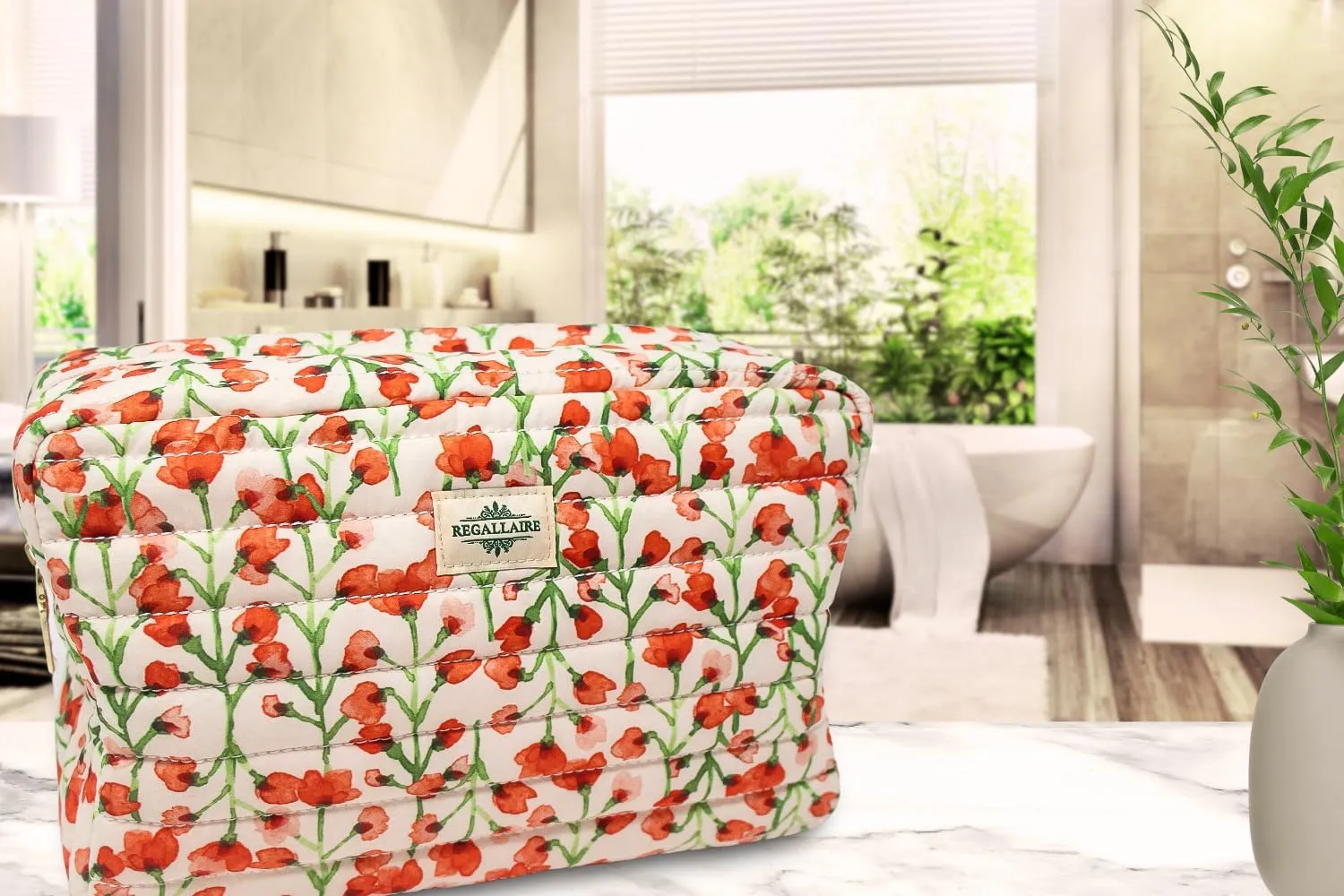Quilted Cotton Makeup Travel Bag | Large Size | Cosmetic Organizer Case | For Women & Girls | Brush & Accessories Storage | Purse | Cute Aesthetic Floral Toiletry Bag | Pink